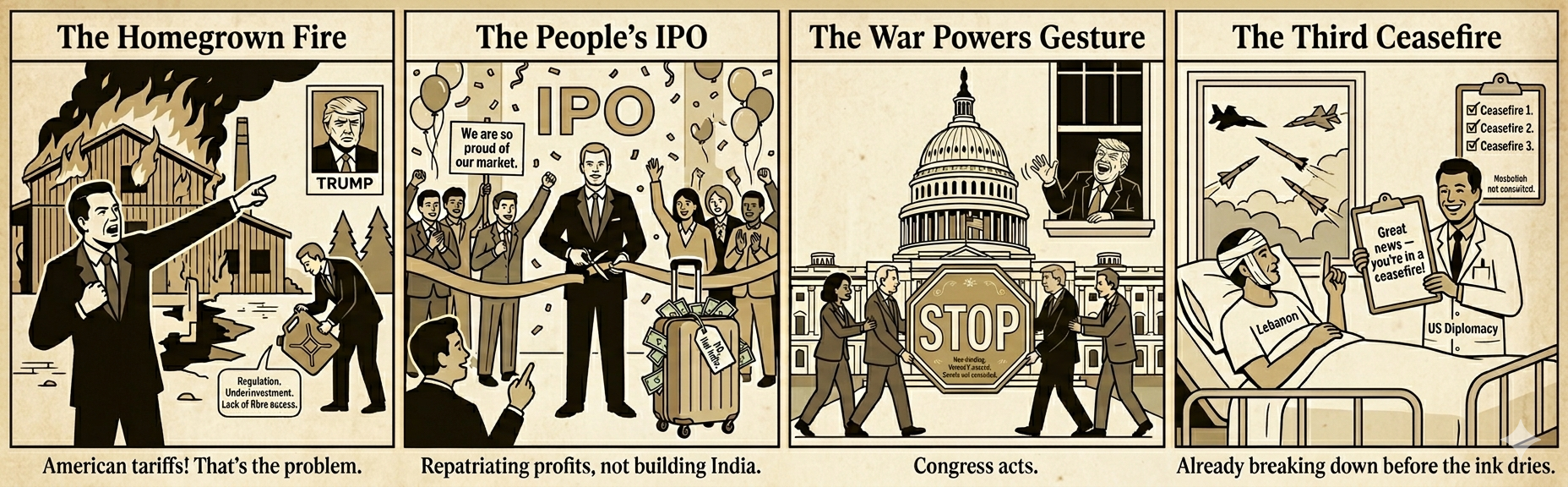 Flatland News Vol. I No. 64: Four satirical panels — The Homegrown Fire, The People's IPO, The War Powers Gesture, The Third Ceasefire